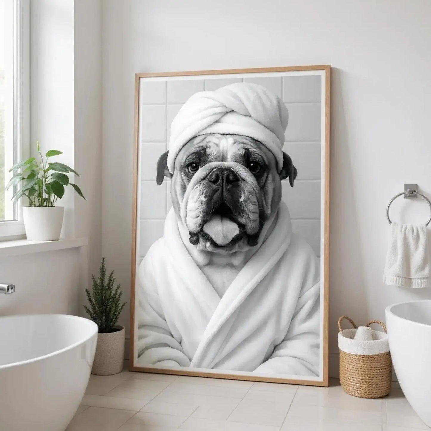 Lustiges Tierportrait einer englischen Bulldogge im Wellness-Stil mit Bademantel und Handtuch auf Fine-Art Papier im holzfarbenen Bilderrahmen 60x90 cm. Seitlicher Blick an einer Wand im Badezimmer lehnend.
