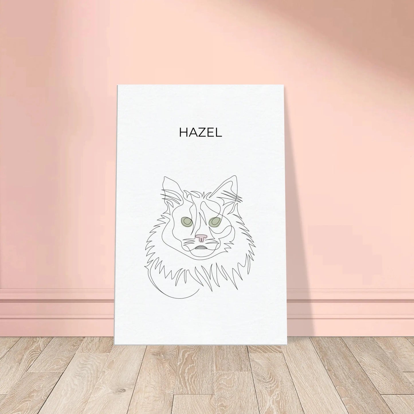 Minimalistisches One Line Art Katzenportrait Hazel, individuelles Haustierportrait nach Fotovorlage im modernen Stil auf Leinwand in 60x90cm. Frontal an einer Wand lehnend.