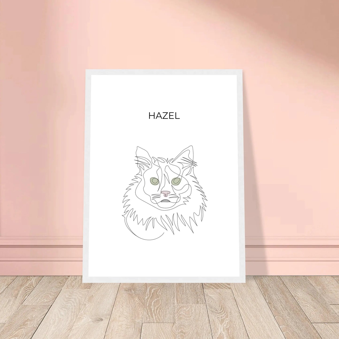 Minimalistisches One Line Art Katzenportrait mit Namen Hazel, individuelles Haustierportrait nach Fotovorlage im modernen Stil als Wandbild mit weissen Rahmen in 30x40cm.