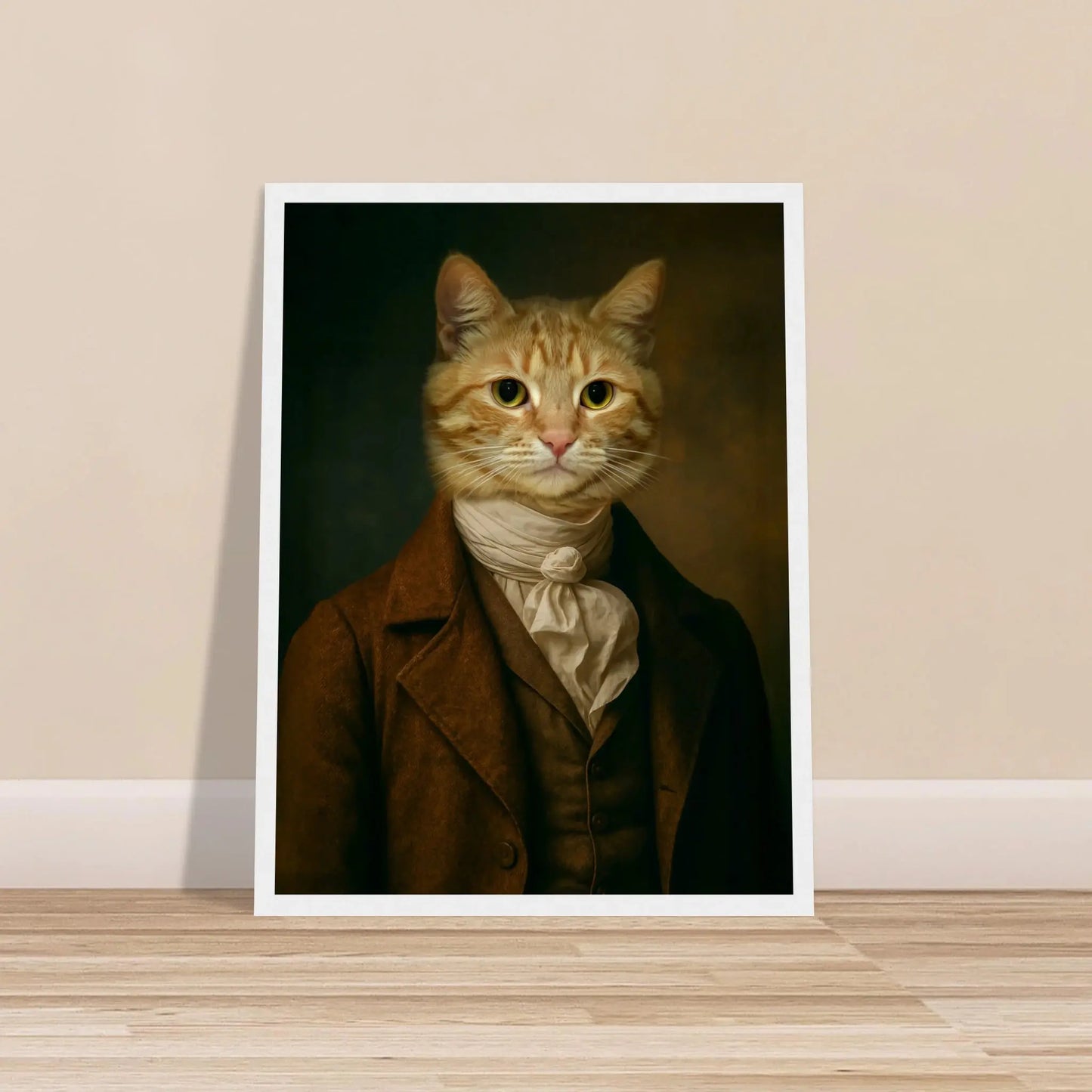 Renaissance Tierportrait einer orangefarbenen getigerten Katze im Kleidungsstil eines edlen Mannes mit Halstuch. Frontal im weissen Bilderrahmen in 30 x 40 cm an einer Wand lehnend.