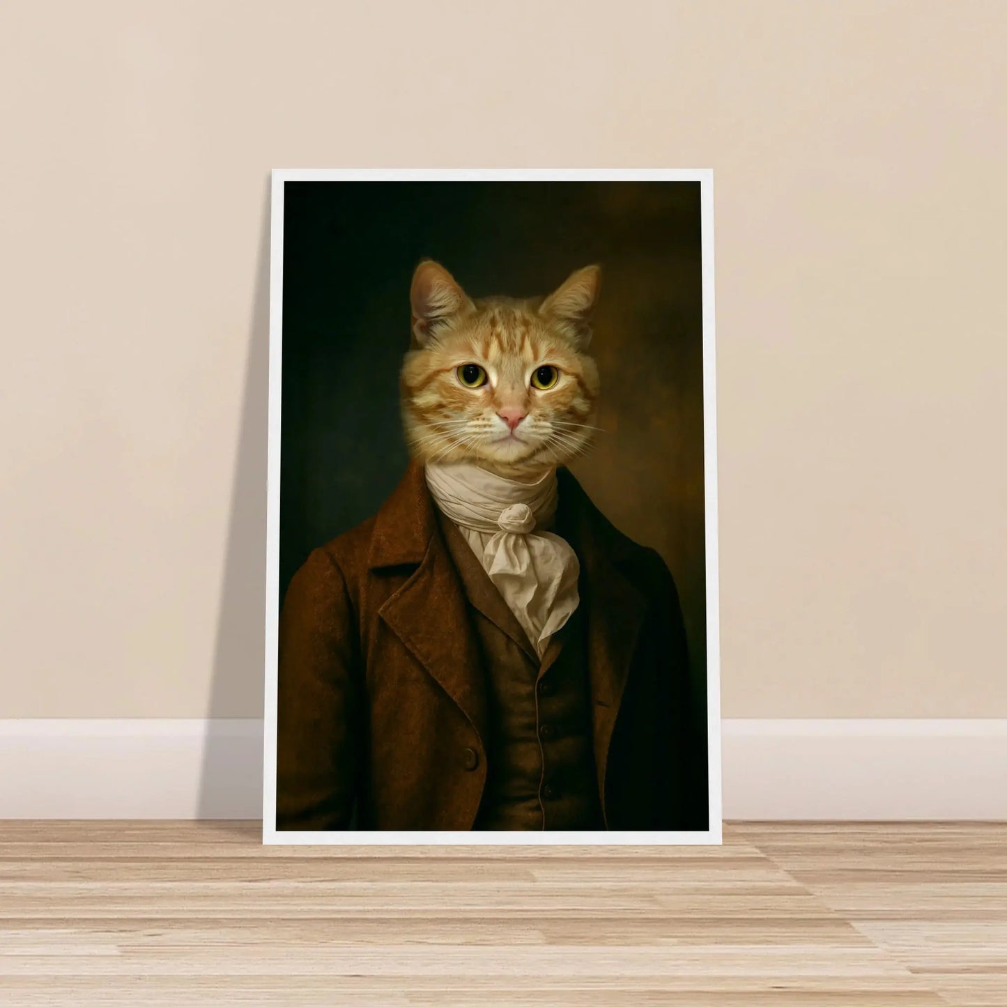 Renaissance Tierportrait einer orangefarbenen getigerten Katze im Kleidungsstil eines edlen Mannes mit Halstuch. Frontal im weissen Bilderrahmen in 40 x 60 cm an einer Wand lehnend.