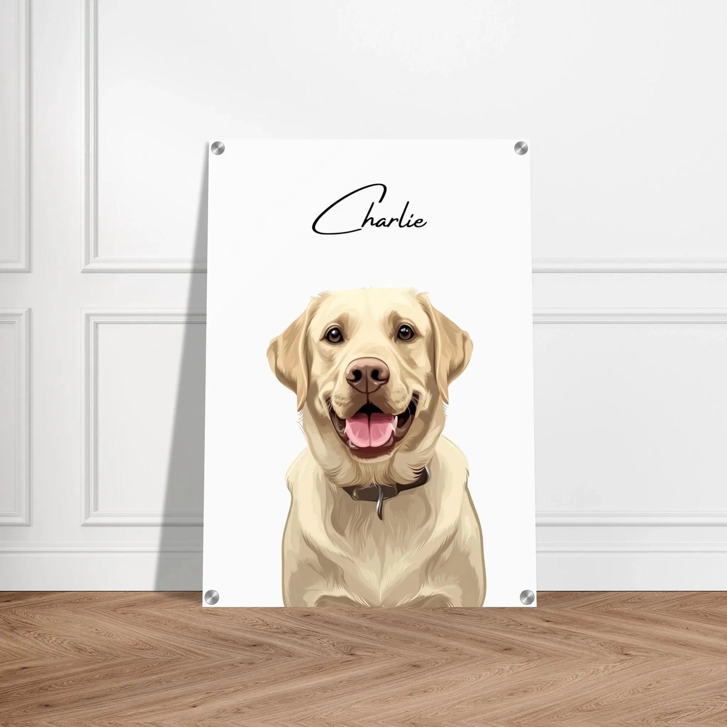 Tierportrait eines beigen Labrador Retrievers im modernen Vektor-Stil auf Acrylglas 50x70 cm. Vor vorne an einer Wand lehnend.