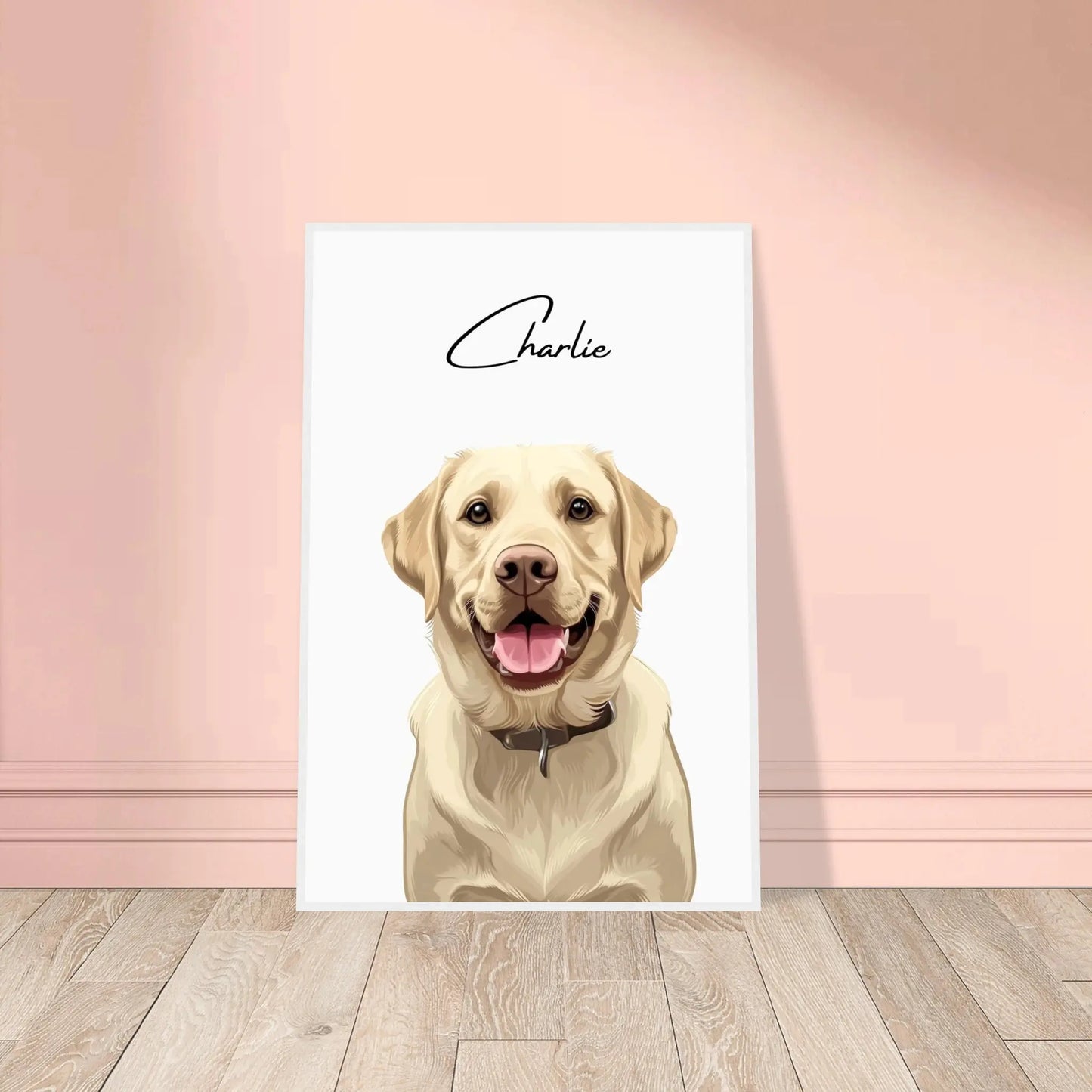 Tierportrait eines beigen Labrador Retrievers im modernen Vektor-Stil auf Fine-Art Papier im weißen Bilderrahmen 60x90 cm. Von vorne an einer Wand lehnend.