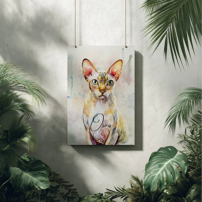 Aquarell-Tierportrait einer edlen Sphynx Katze im Wasserfarben-Stil auf Fine-Art Papier in  60x 90 cm. Frontal an einer Betonwand hängend umgeben von grünen Pflanzen.