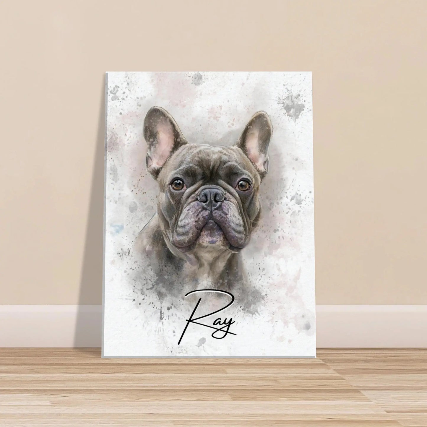 Aquarell-Tierportrait einer englischen Bulldogge im Wasserfarben-Stil auf Leinwand 30x40 cm. Vor vorne an einer Wand lehnend.