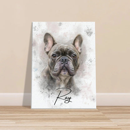 Aquarell-Tierportrait einer englischen Bulldogge im Wasserfarben-Stil auf Leinwand 30x40 cm. Vor vorne an einer Wand lehnend.