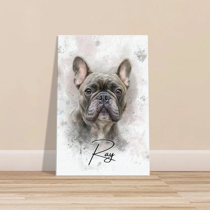 Aquarell-Tierportrait einer englischen Bulldogge im Wasserfarben-Stil auf Leinwand 40x60 cm. Vor vorne an einer Wand lehnend.