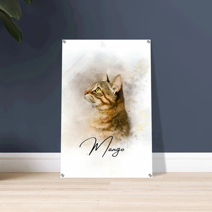 Aquarell-Tierportrait einer gestreiften Katze  im Wasserfarben-Stil auf Acrylglas 60x90 cm. Vor vorne an einer Wand lehnend.
