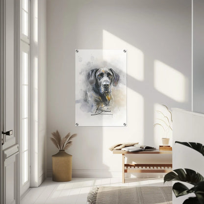 Aquarell Tierportrait einer deutschen Dogge auf Acrylglas 60x90 cm. Frontal hängend an einer Wand im Eingangsbereich einer Wohnung.