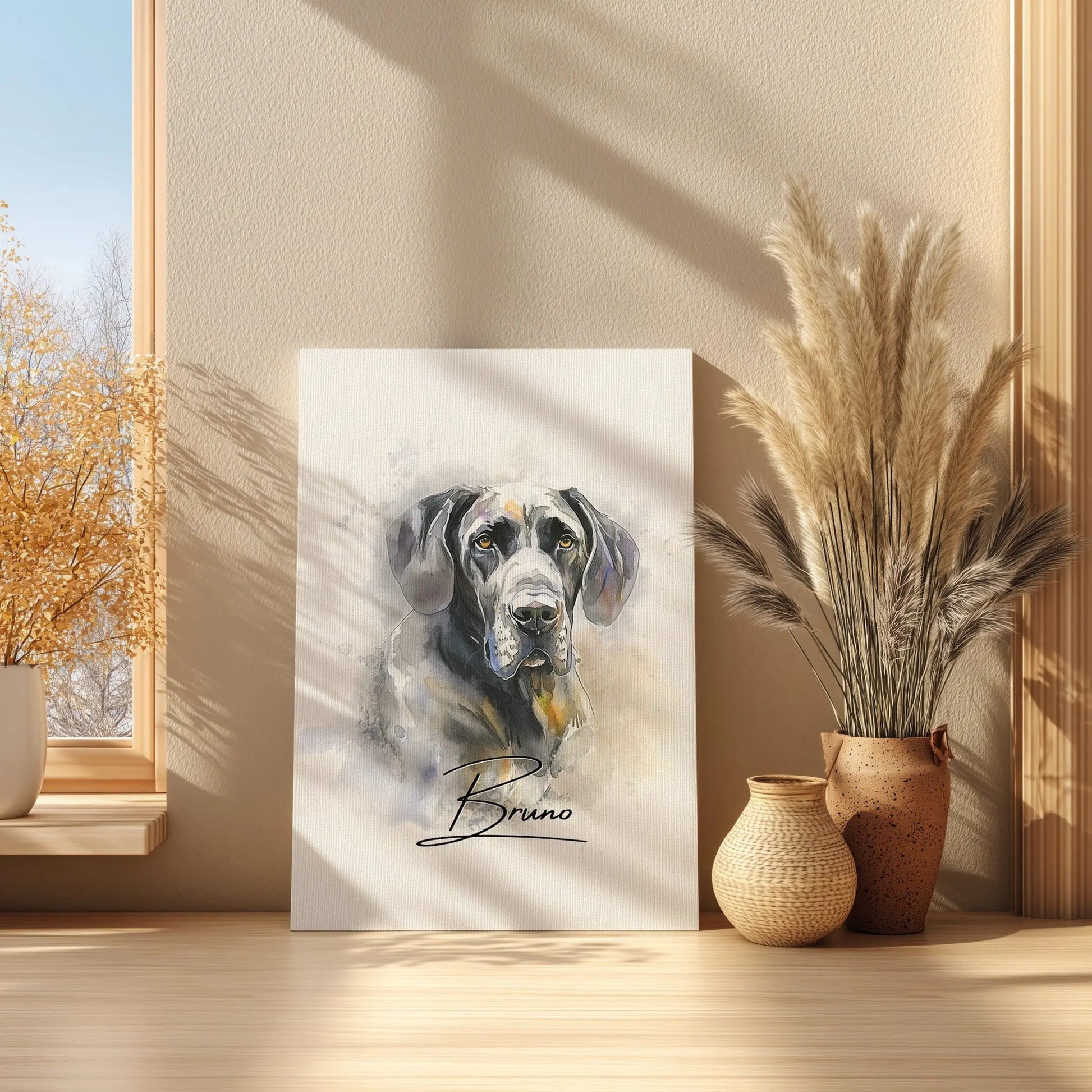 Aquarell Tierportrait einer deutschen Dogge auf Leinwand 50x70 cm. Von vorne an einer Wand lehnend.