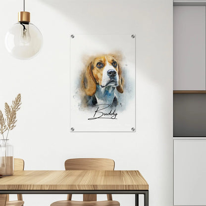 Aquarell Tierportrait eines Beagles auf Acrylglas 60x90 cm. Frontal hängend an einer Wand im Esszimmer über dem Esstisch.