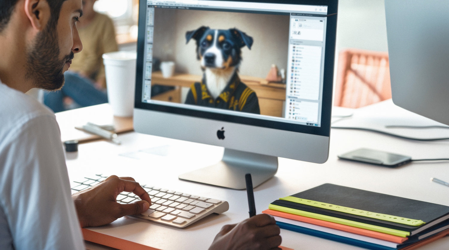 Ein Digital Künstler sitzt an seinem IMac Desktop und digitalisiert ein Tierportrait eines Hundes in hoher Qualität.