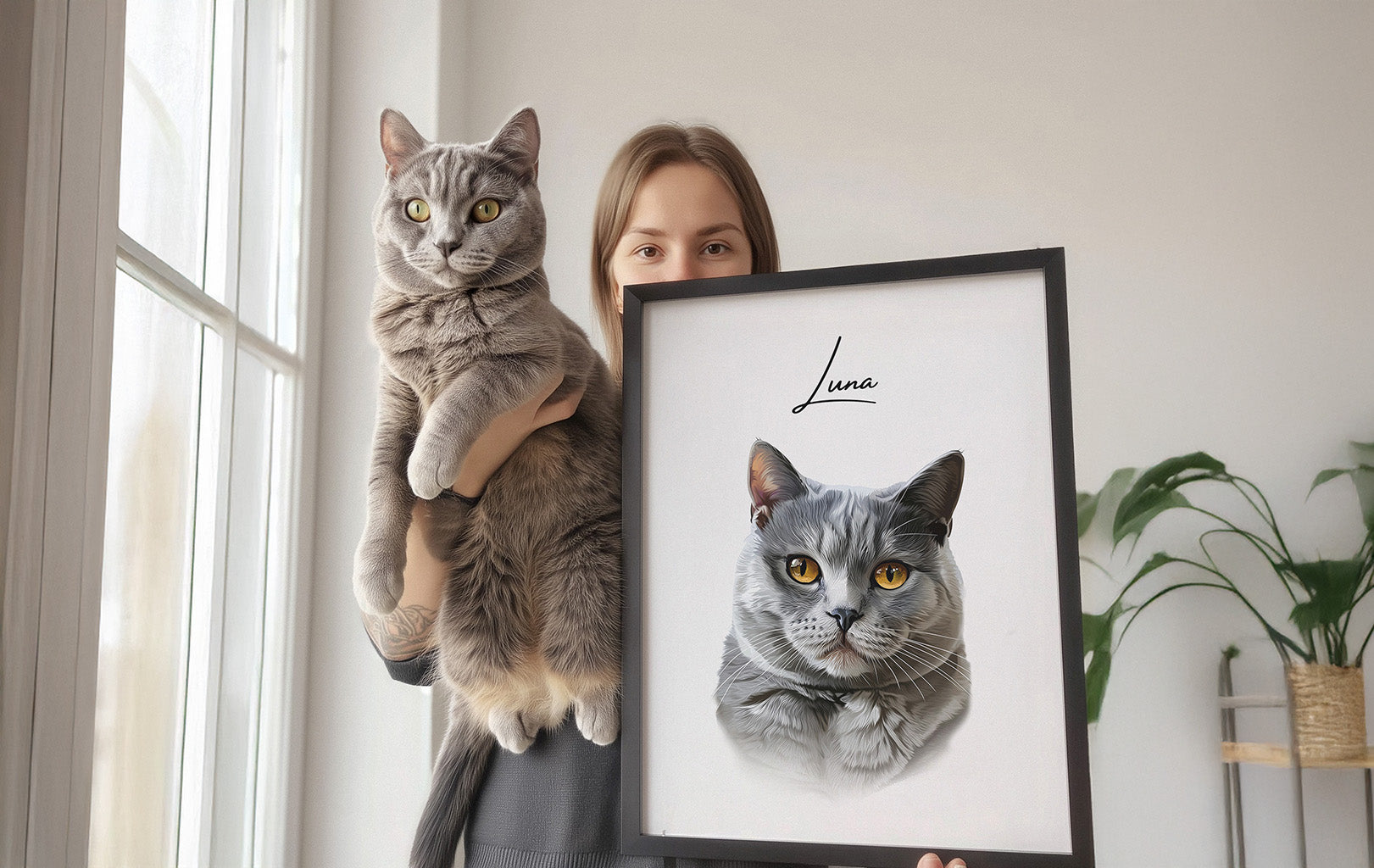 Ein Tierportrait einer grauen Ragdoll Katze im modernen Vektor-Stil auf Fine-Art Papier im schwarzen Bilderrahmen 30x40 cm. Eine Frau hält das Bild in der Hand und die Katze auf dem Arm vor einem Fenster.
