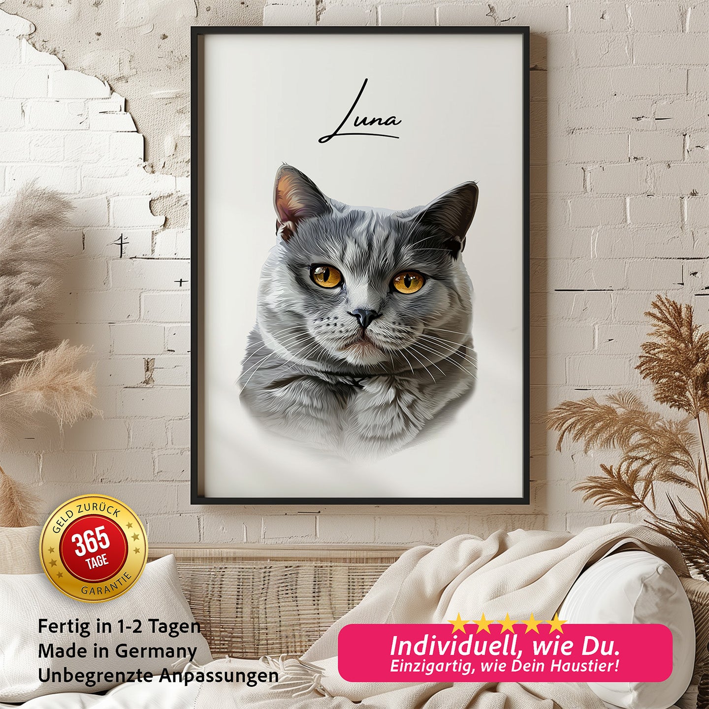 Haustierportrait einer grauen Ragdoll Katze im modernen Vektor Stil an einer Wand hängend. Fertig in 1-2 Tagen. Made in Germany. 365 Tage Geld zurück Garantie. Individuell und einzigartig.