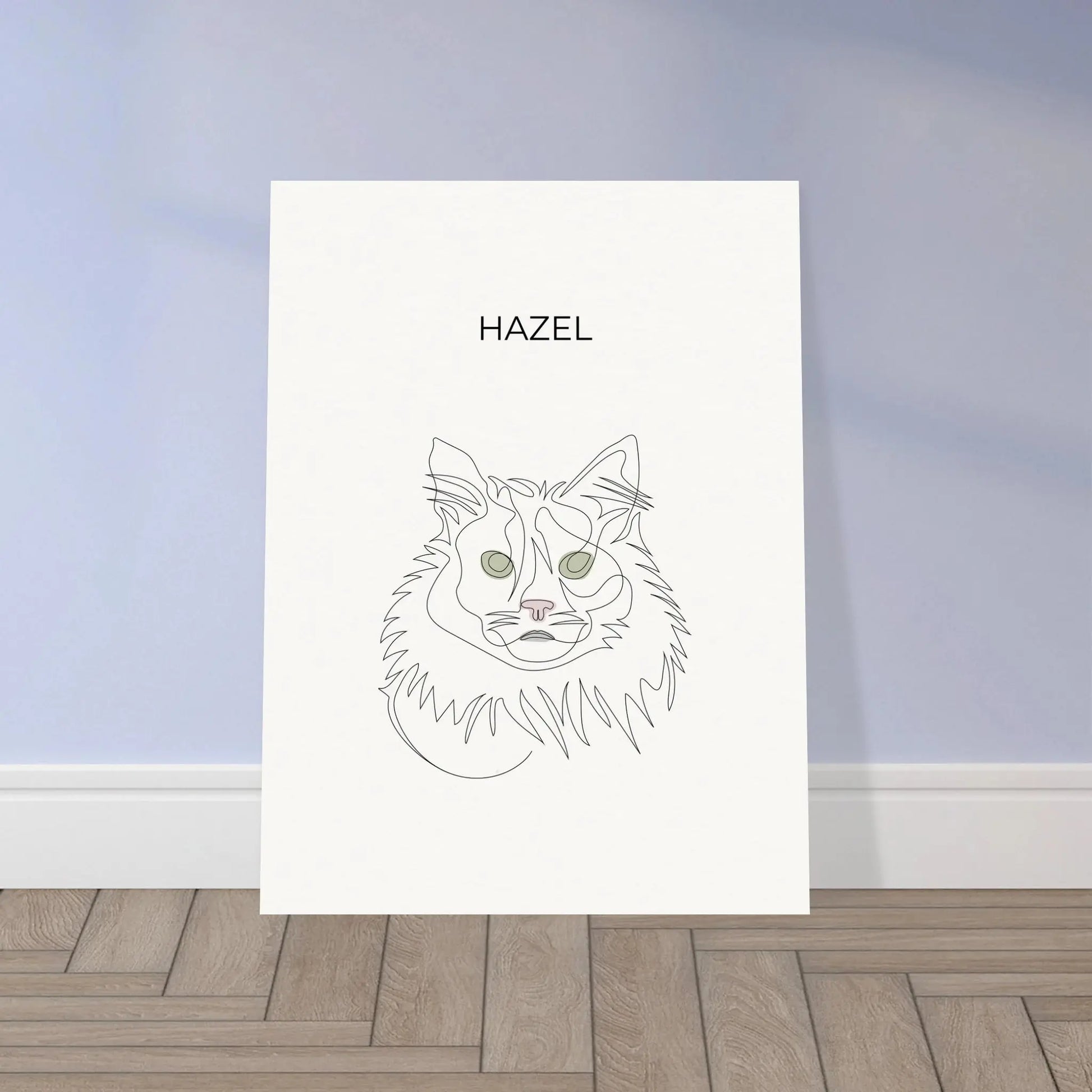 Minimalistisches One Line Art Katzenportrait Hazel, individuelles Haustierportrait nach Fotovorlage auf Fine Art Papier in 30x40cm. Frontal an einer Wand lehnend.