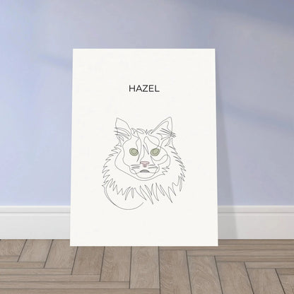 Minimalistisches One Line Art Katzenportrait Hazel, individuelles Haustierportrait nach Fotovorlage auf Fine Art Papier in 30x40cm. Frontal an einer Wand lehnend.