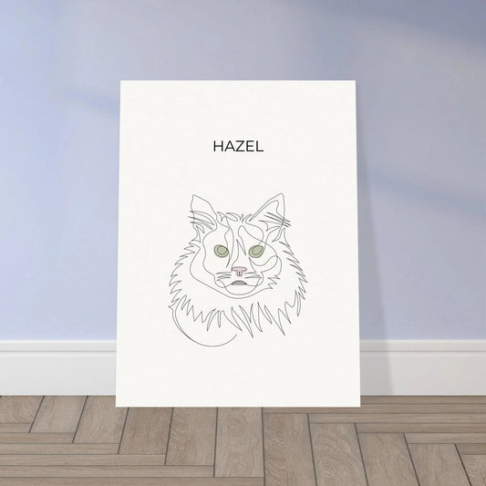 Minimalistisches One Line Art Katzenportrait Hazel, individuelles Haustierportrait nach Fotovorlage auf Fine Art Papier in 30x40cm. Frontal an einer Wand lehnend.