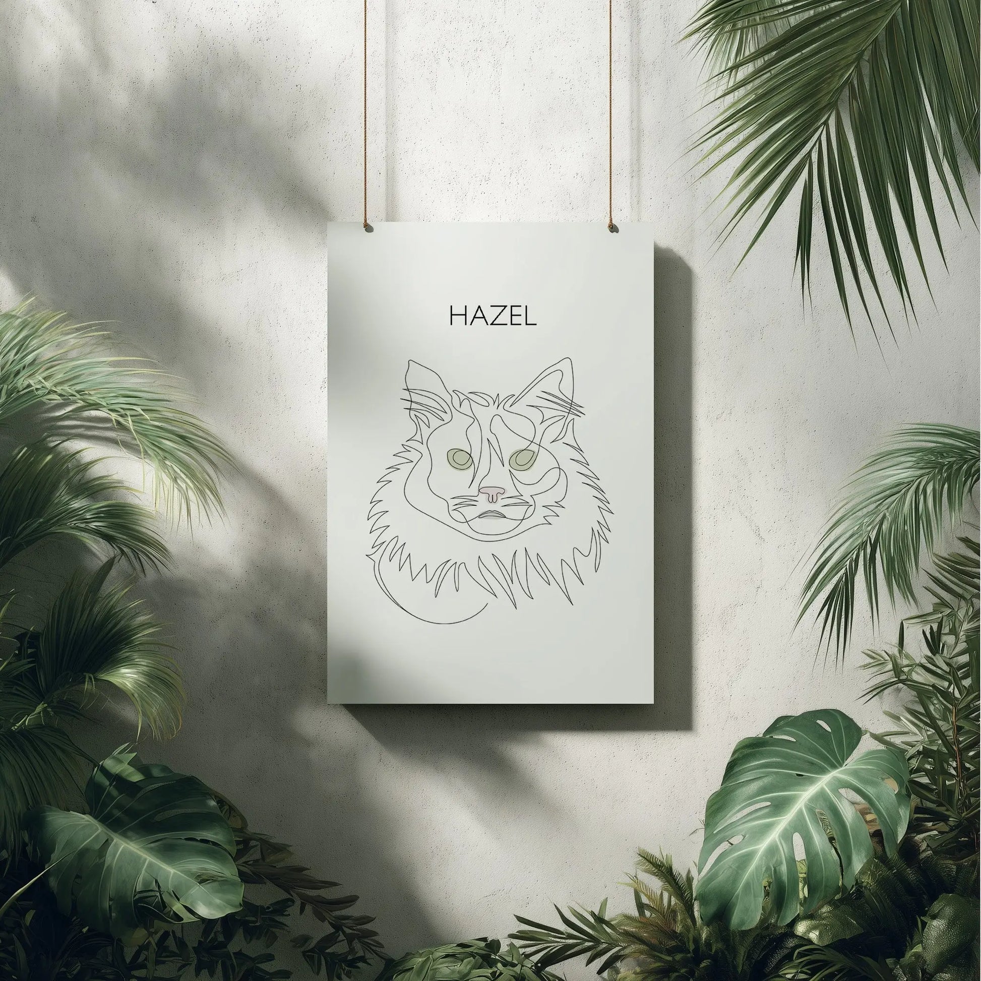 Minimalistisches One Line Art Katzenportrait Hazel, individuelles Haustierportrait nach Fotovorlage auf Fine Art Papier in 60x90cm. Frontal vor einer Betonwand hängend umgeben von Pflanzen.
