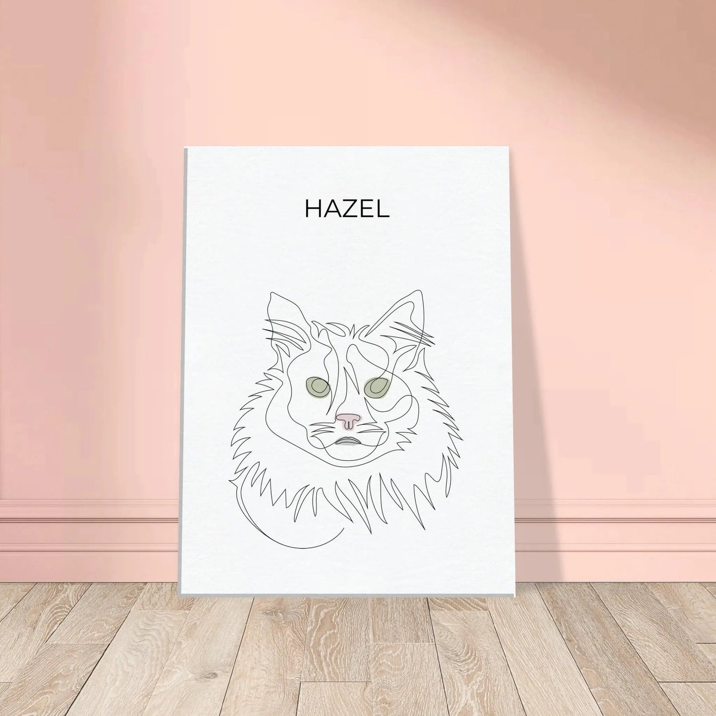 Minimalistisches One Line Art Katzenportrait Hazel, individuelles Haustierportrait nach Fotovorlage im modernen Stil auf Leinwand in 30x40cm. Frontal an einer Wand lehnend.