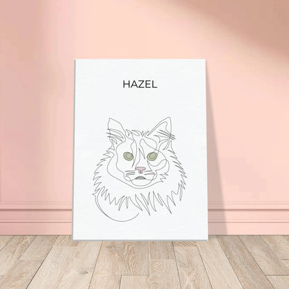 Minimalistisches One Line Art Katzenportrait Hazel, individuelles Haustierportrait nach Fotovorlage im modernen Stil auf Leinwand in 30x40cm. Frontal an einer Wand lehnend.