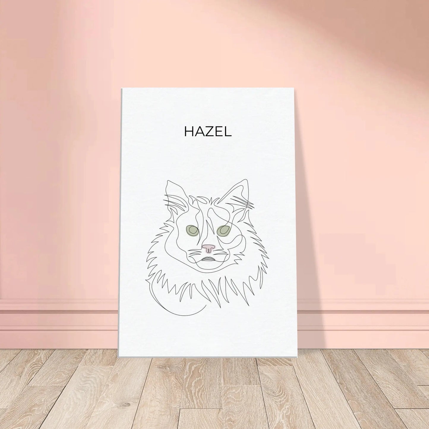 Minimalistisches One Line Art Katzenportrait Hazel, individuelles Haustierportrait nach Fotovorlage im modernen Stil auf Leinwand in 40x60cm. Frontal an einer Wand lehnend.