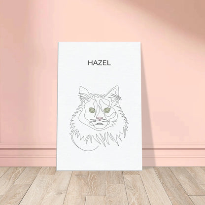 Minimalistisches One Line Art Katzenportrait Hazel, individuelles Haustierportrait nach Fotovorlage im modernen Stil auf Leinwand in 40x60cm. Frontal an einer Wand lehnend.