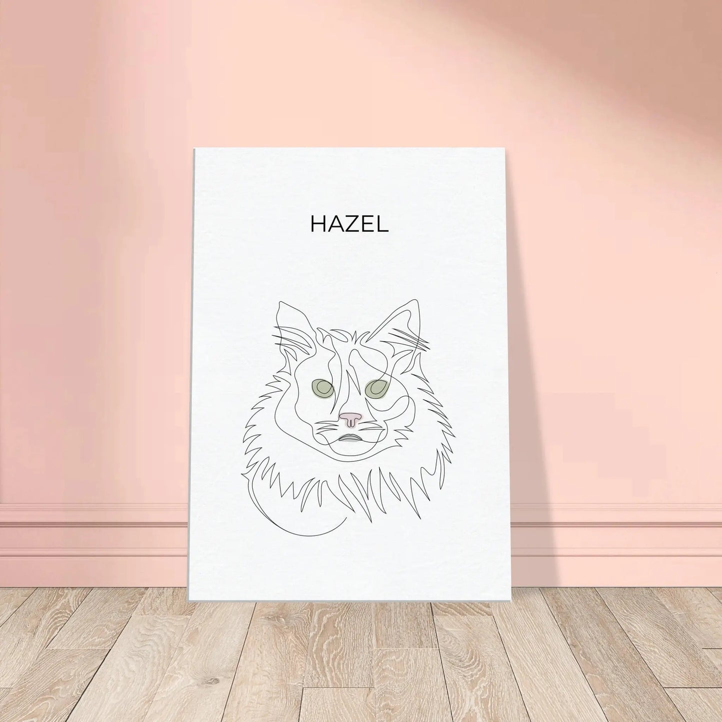 Minimalistisches One Line Art Katzenportrait Hazel, individuelles Haustierportrait nach Fotovorlage im modernen Stil auf Leinwand in 50x70cm. Frontal an einer Wand lehnend.