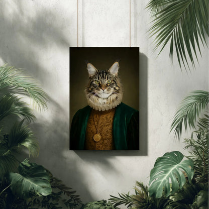 Renaissance Tierportrait einer Bengalkatze im Kleidungsstil eines mittelalterlichen Ehrenmannes. Poster in 60x90 cm. Frontal an einer Wand hängend neben einer Pflanze.
