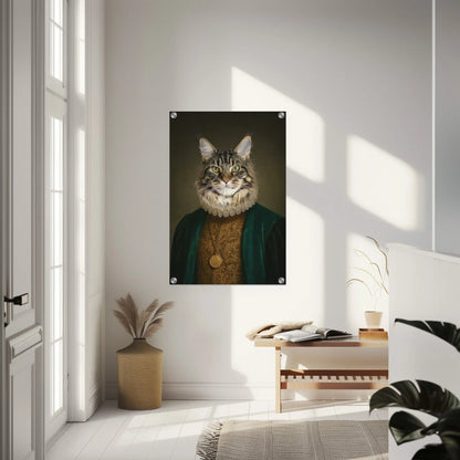 Renaissance Tierportrait einer Bengalkatze im höfischen Gewand und Halskrause. Auf Acrylglas in 60x90 cm. Frontal an einer weissen Wand im Eingangsbereich eines Hauses neben einem Fenster haengend.