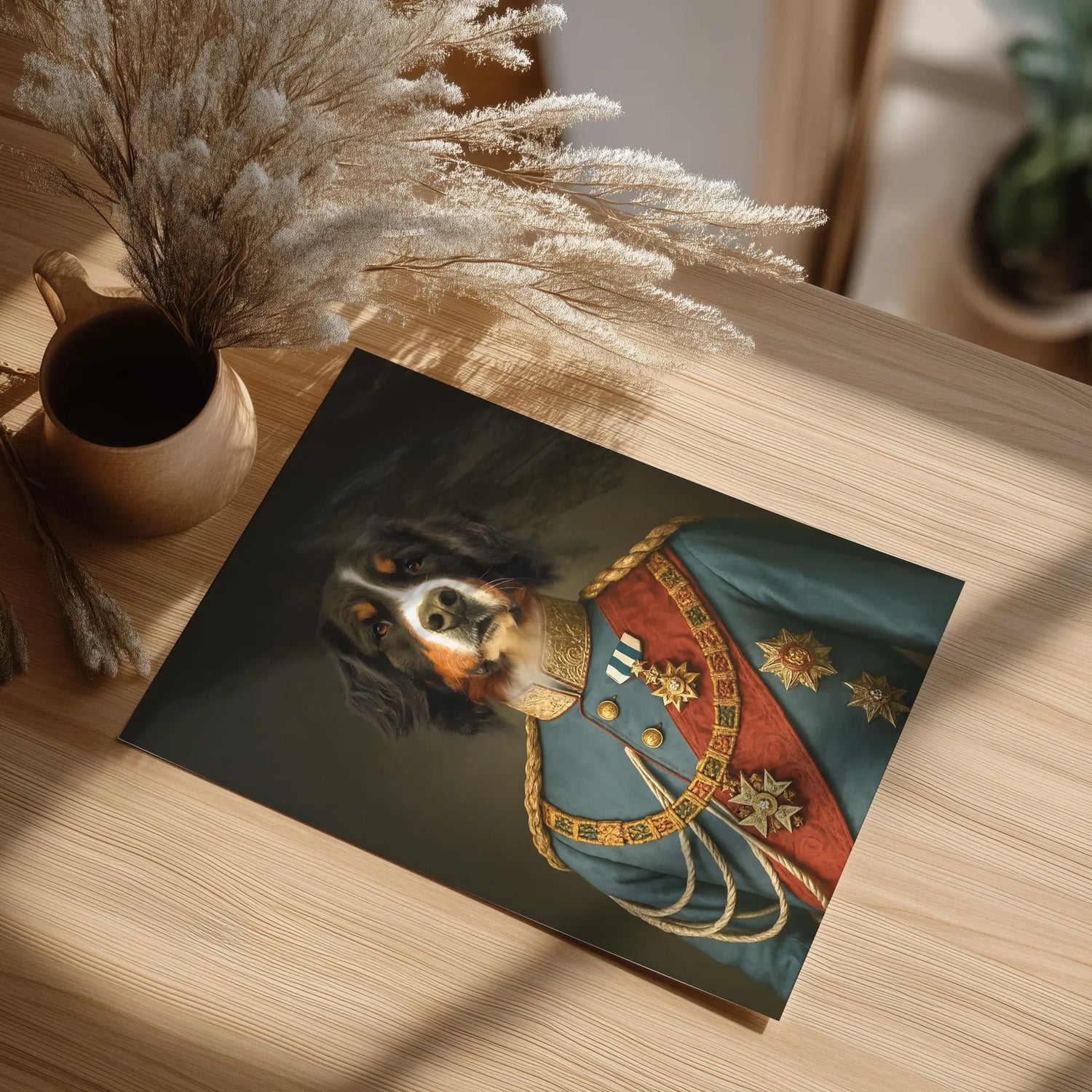 Renaissance Tierportrait eines Berner Sennenhundes im Kleidungsstil von König Ludwig II. Poster in 30x40 cm. Frontal auf einem Tisch liegend neben einer Pflanze.