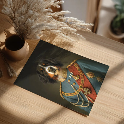 Renaissance Tierportrait eines Berner Sennenhundes im Kleidungsstil von König Ludwig II. Poster in 30x40 cm. Frontal auf einem Tisch liegend neben einer Pflanze.