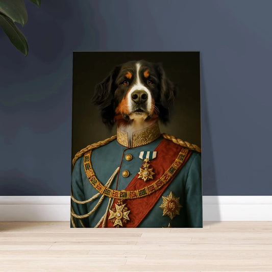 Renaissance Tierportrait eines Berner Sennenhundes im Kleidungsstil von König Ludwig II. auf Leinwand in 30x40 cm. Frontal an einer Wand lehnend.