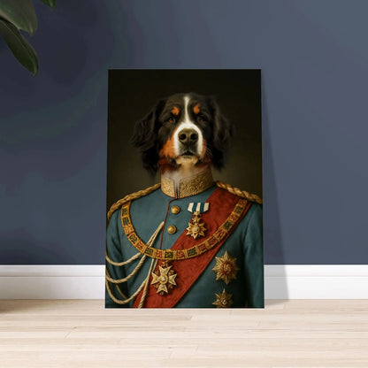 Renaissance Tierportrait eines Berner Sennenhundes im Kleidungsstil von König Ludwig II. auf Leinwand in 60x90 cm. Frontal an einer Wand lehnend.