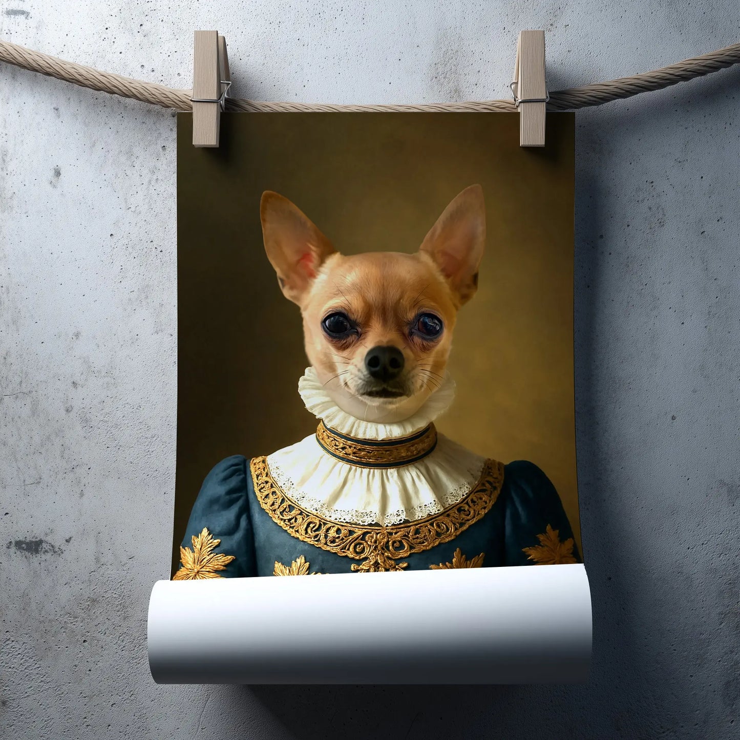 Renaissance Tierportrait eines Chihuahuas im Kleidungsstil einer Hofdame. Poster in 60x90 cm. Frontal an einer Wand hängend. Poster rollt sich unten auf.
