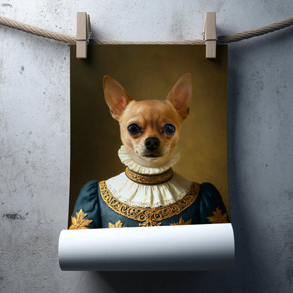 Renaissance Tierportrait eines Chihuahuas im Kleidungsstil einer Hofdame. Poster in 60x90 cm. Frontal an einer Wand hängend. Poster rollt sich unten auf.