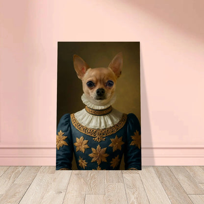 Renaissance Tierportrait eines Chihuahuas im Kleidungsstil einer edlen Dame aus dem 16. Jahrhundert. Poster in 60x90 cm. Frontal an einer Wand lehnend.