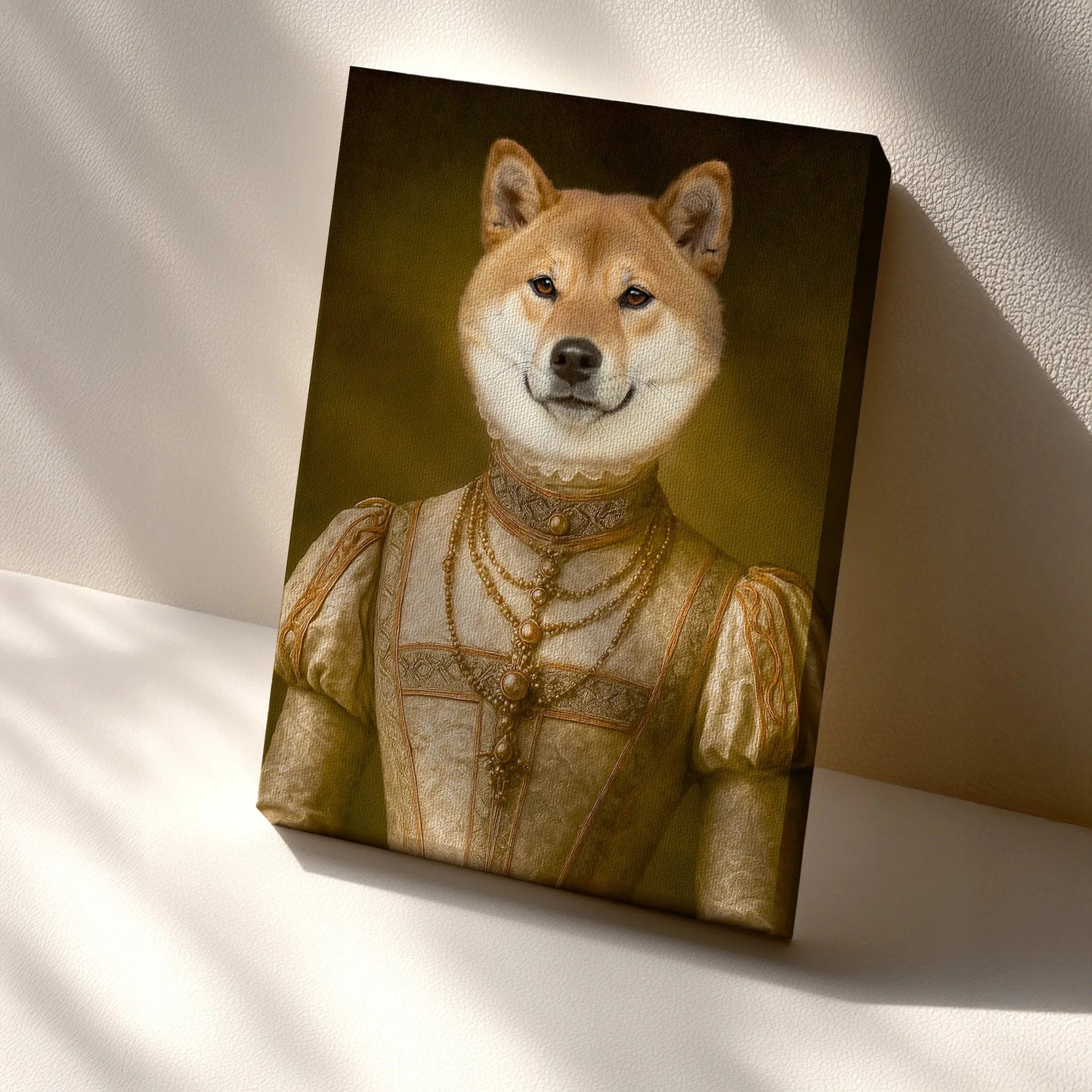 Renaissance Tierportrait eines Shitzu im Kleidungsstil einer edlen Dame aus Versaille. Auf Leinwand in 60x90 cm. Seitlich an einer Wand lehnend.