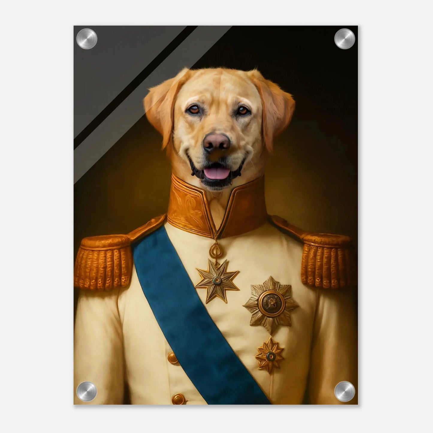 Renaissance Tierportrait eines beigen Labrador Retrievers im Kleidungsstil einer Admiralsuniform. Auf Acrylglas in 30x40 cm. Frontal an einer weissen Wand haengend.