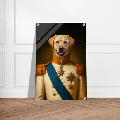 Renaissance Tierportrait eines beigen Labrador Retrievers im Kleidungsstil einer Admiralsuniform. Auf Acrylglas in 40x60 cm. Frontal an einer weissen Wand lehnend.