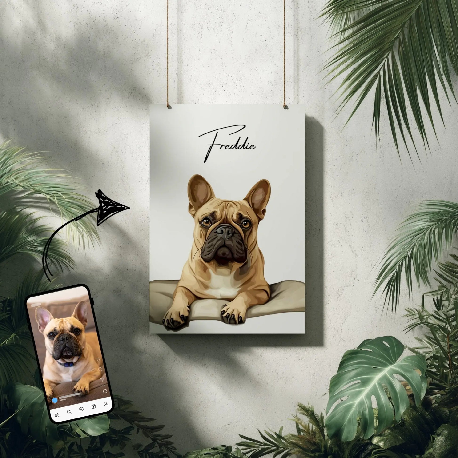 Tierportrait einer braunen franszösischen Bulldogge im modernen Vektor-Stil auf Fine-Art Papier 60x90 cm. Vor vorne an einer Wand hängend. Daneben Pflanzen.