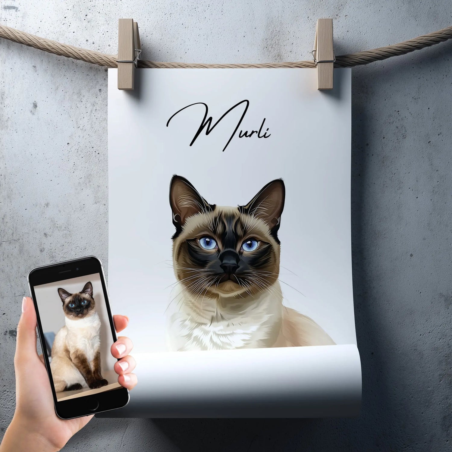 Tierportrait einer schönen Siam Katze mit blauen Augen im modernen Vektor-Stil auf Fine-Art Papier 50x70 cm. Frontal an einem Seil vor einer Betonwand hängend.