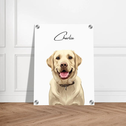 Tierportrait eines beigen Labrador Retrievers  im modernen Vektor-Stil auf Acrylglas 30x40 cm. Vor vorne an einer Wand lehnend.