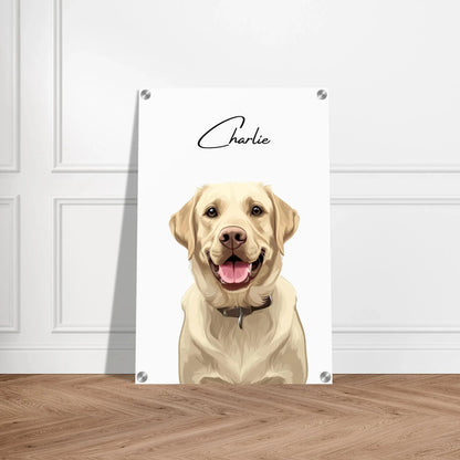 Tierportrait eines beigen Labrador Retrievers  im modernen Vektor-Stil auf Acrylglas 40x60 cm. Vor vorne an einer Wand lehnend.