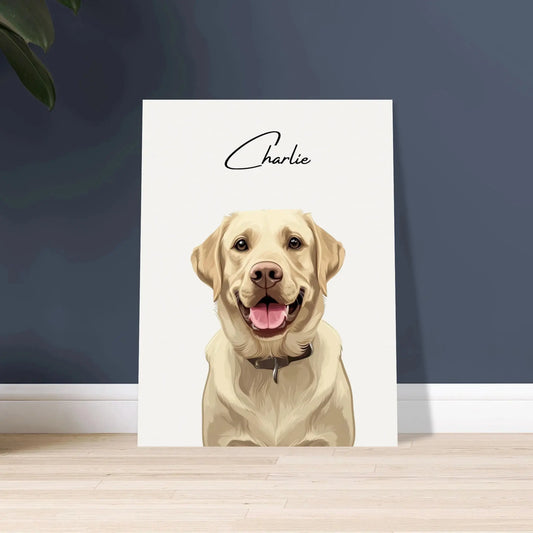 Tierportrait eines beigen Labrador Retrievers im modernen Vektor-Stil auf Fine-Art Papier 30x40 cm. Vor vorne an einer Wand lehnend.