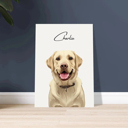 Tierportrait eines beigen Labrador Retrievers im modernen Vektor-Stil auf Fine-Art Papier 50x70 cm. Vor vorne an einer Wand lehnend.