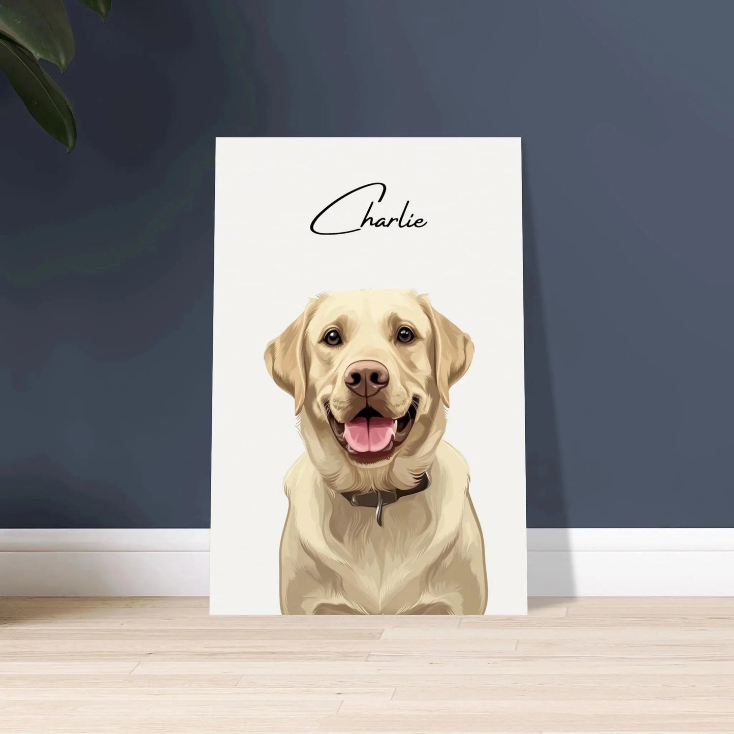 Tierportrait eines beigen Labrador Retrievers im modernen Vektor-Stil auf Fine-Art Papier 60x90 cm. Vor vorne an einer Wand lehnend.