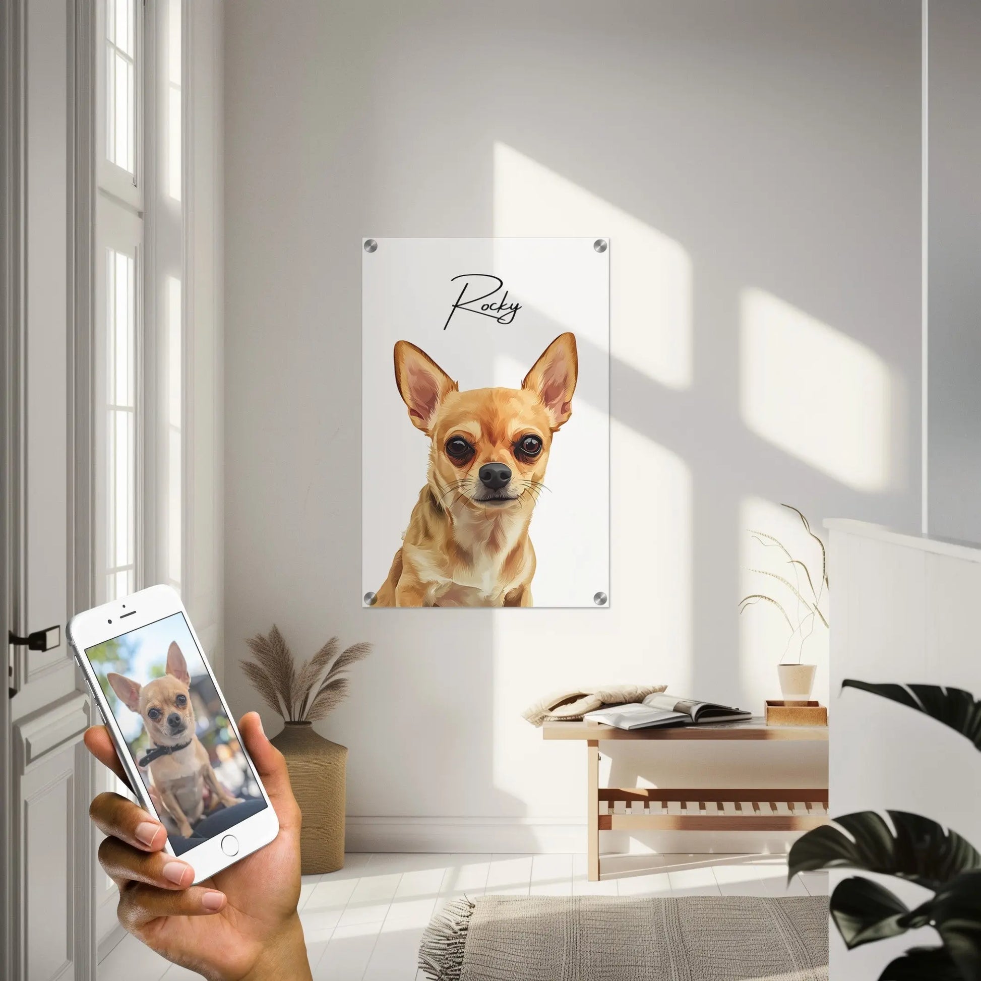 Tierportrait eines braunen Chihuahua im modernen Vektor-Stil auf Acrylglas 60x90 cm. Frontal hängend an einer Wand im Eingangsbereich einer Wohnung.