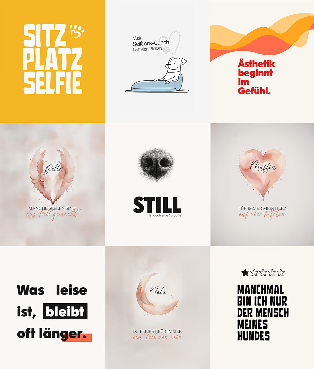 Designvorschläge für personalisierbare Wandzitate. Einfarbige und mehrfarbige Motive. 